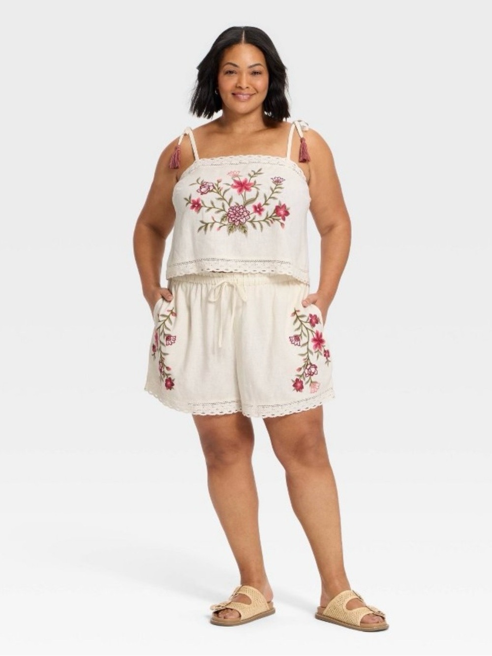 Universal Thread Embroidered Linen Tank Top